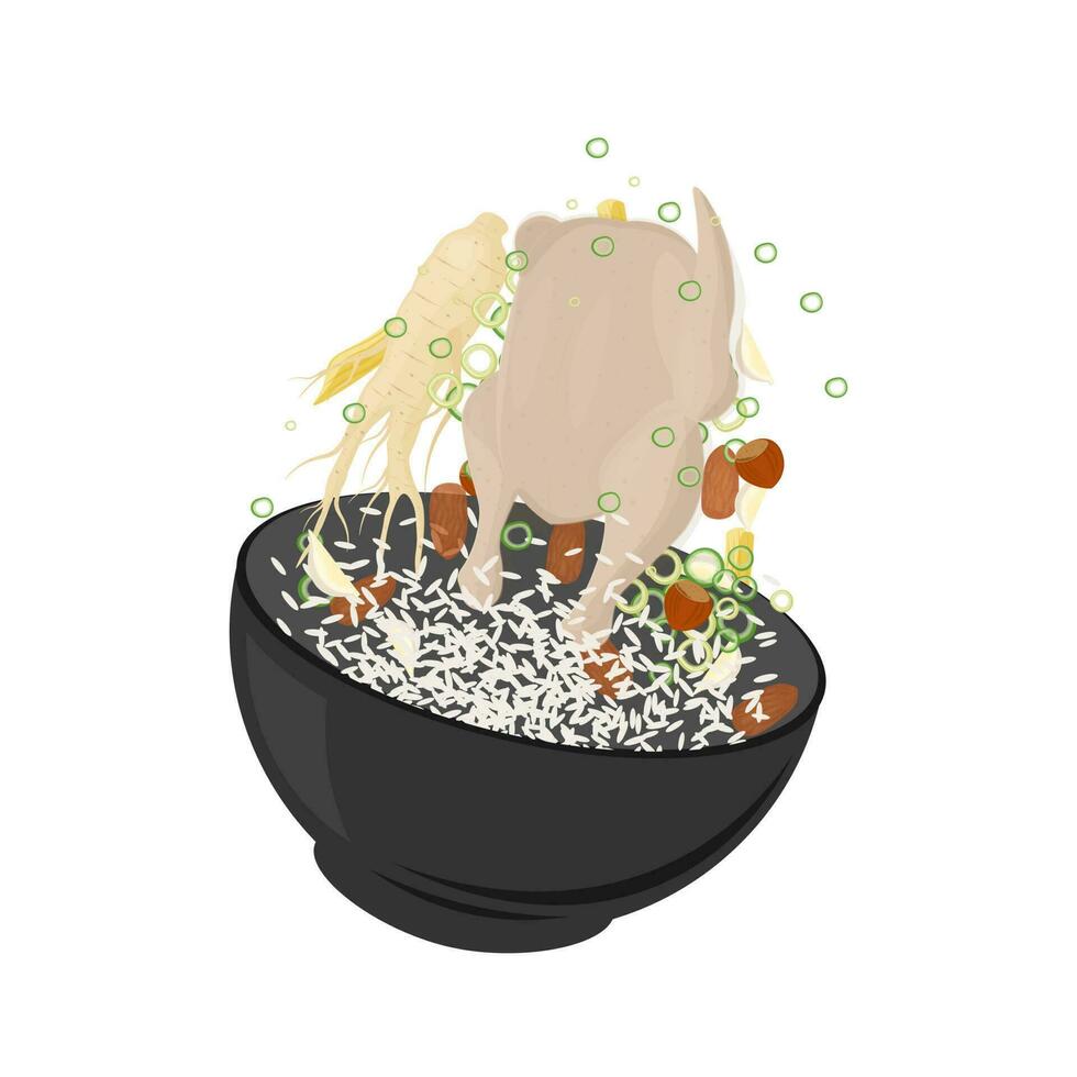 logo illustratie van ingrediënten voor Koreaans ginseng kip soep samgyetang vector