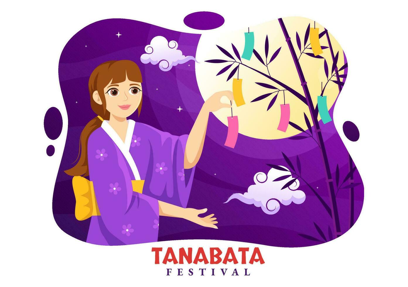 tanabata festival vector illustratie met mensen vervelend kimono en pioenen bloemen in nationaal vakantie vlak tekenfilm hand- getrokken Sjablonen