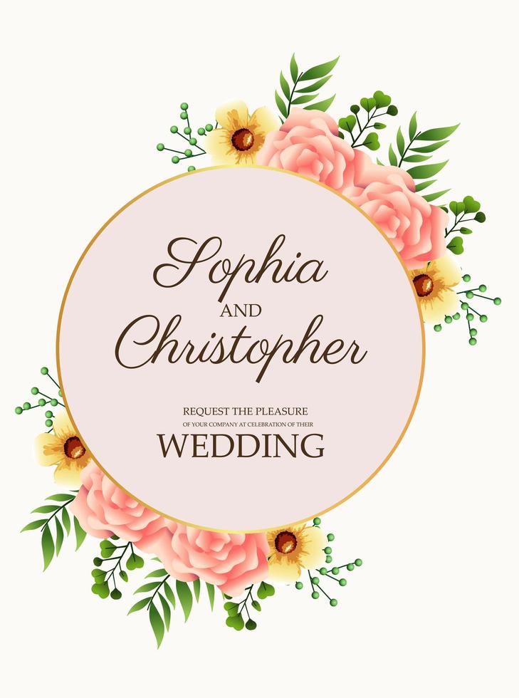 bruiloft uitnodigingskaart met bloemen roze in gouden cirkelvormige lijst vector