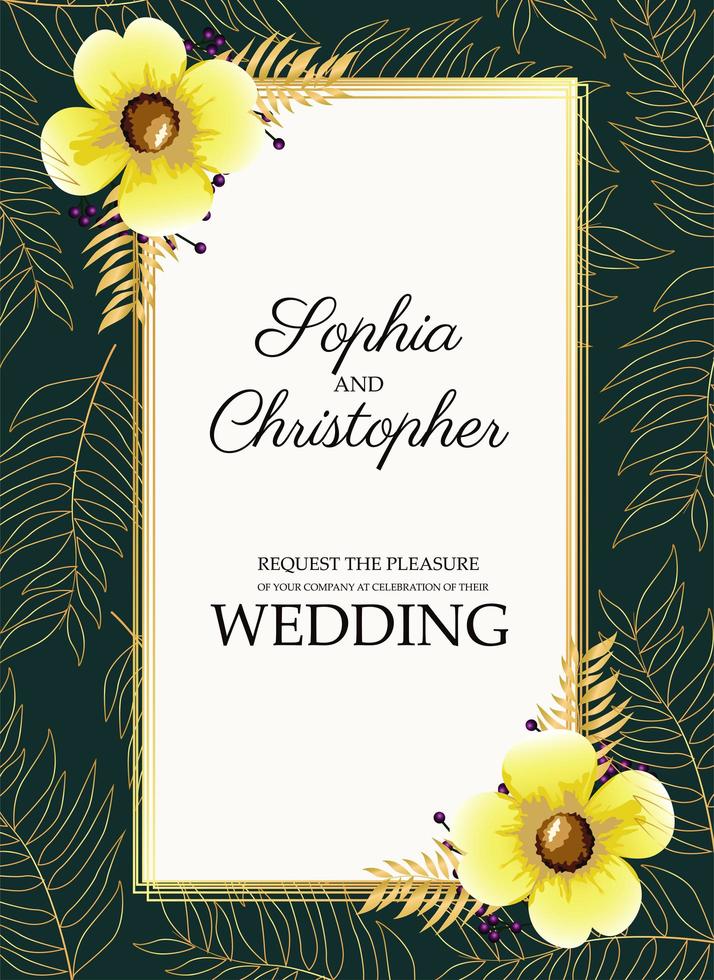 bruiloft uitnodigingskaart met gele bloemen in hoeken frame vector