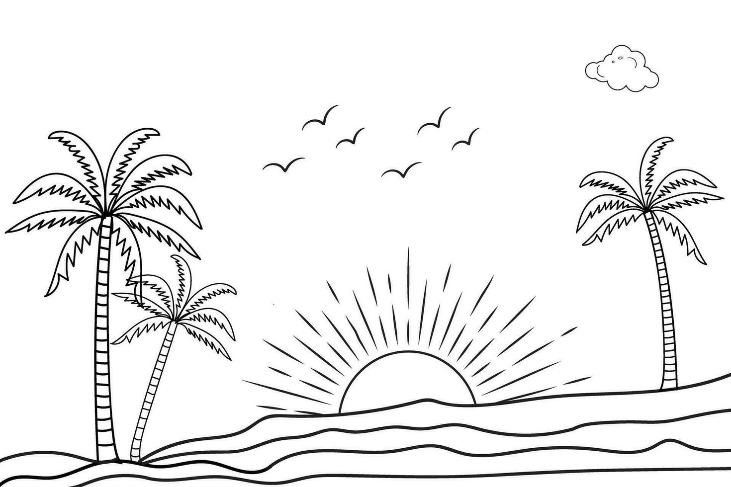 zomer zonsondergang tropisch strand lijn kunst vector illustratie, hand- getrokken zonsondergang en zonsopkomst schets landschap tropisch strand, palm boom met zonsondergang golven natuur visie, kinderen tekening strand kleur Pagina's