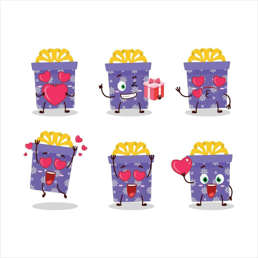 Purper Kerstmis geschenk tekenfilm karakter met liefde schattig emoticon vector