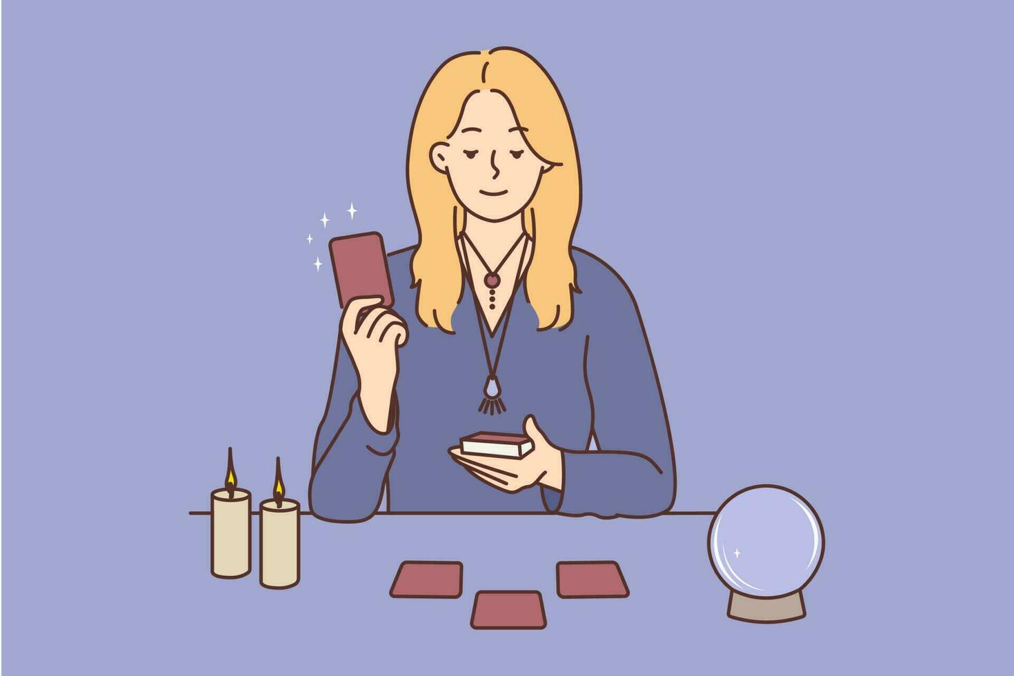 jong vrouw met kaarten vertellen fortuin zittend Aan tafel in studio. vrouw goochelaar met magie bal en tarot kaarten waarzeggen. vector illustratie.