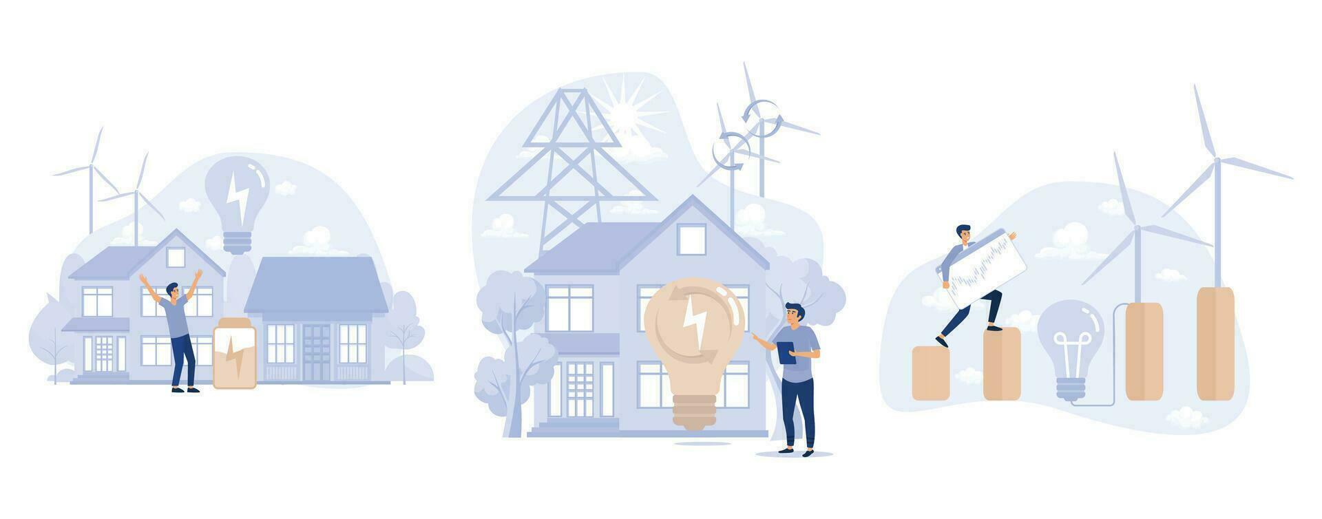 schoon groen energie concept, alternatief energie, duurzame eco systeem, hernieuwbaar bronnen, wind turbine, zonne- panelen, reeks vlak vector modern illustratie