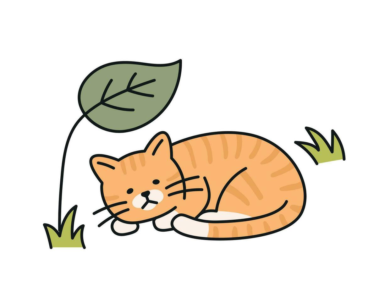 schattig kat. een hongerig kat is aan het liegen onder een blad met een moe uitdrukking. vector