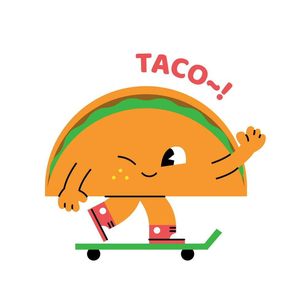 schattig abstract vormen karakters. voor de helft cirkel taco is rijden een skateboard en gezegde Hallo. vector