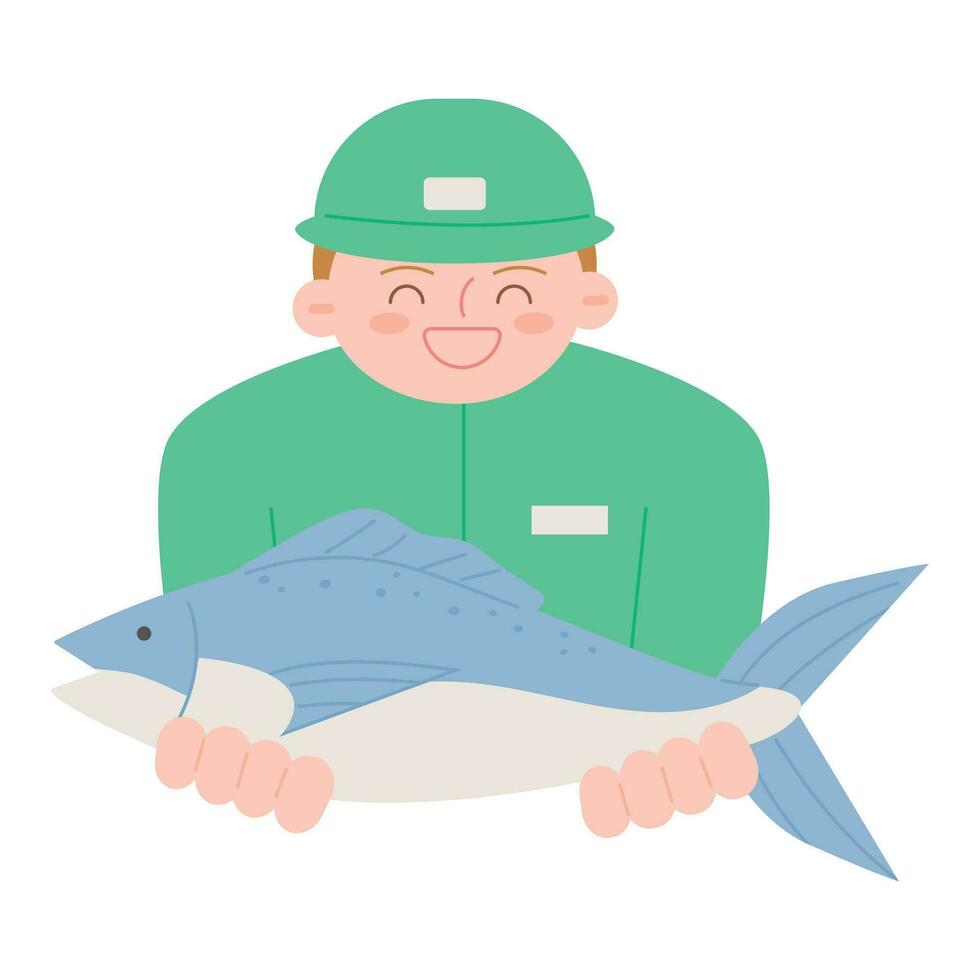 zee leven illustratie. een visser Holding een groot vis. vector