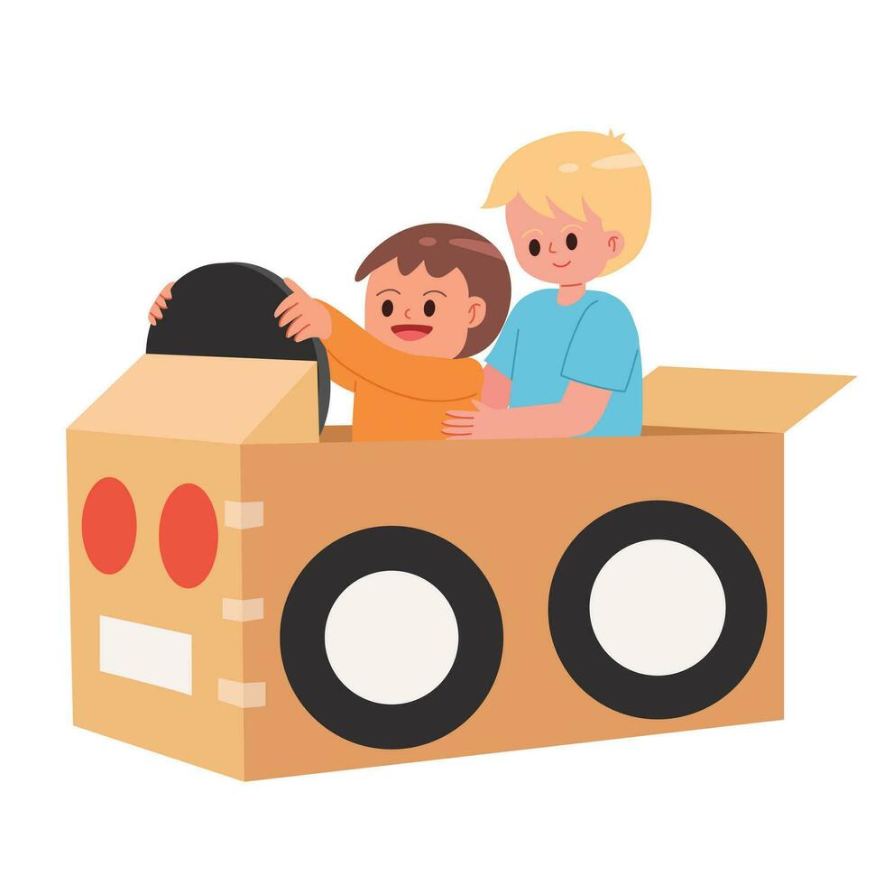 schattig broers en zussen spelen met karton auto tekenfilm vector