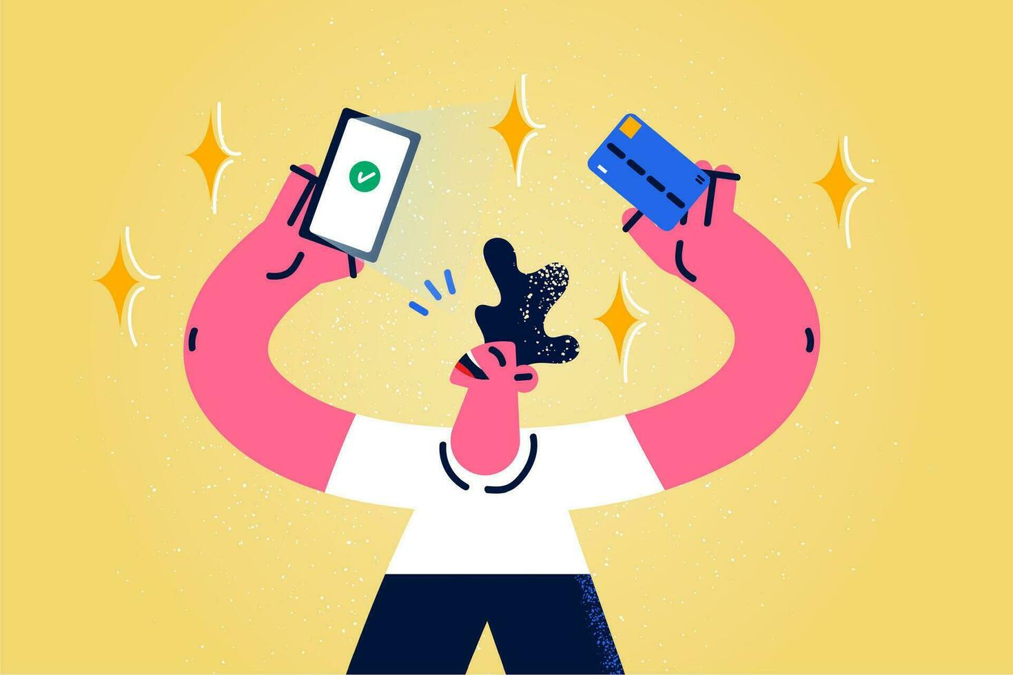 opgewonden Mens maken online betaling Aan smartphone met credit of debiteren kaart. glimlachen vent betalen Aan internet met bank app Aan mobiele telefoon. boodschappen doen Aan web. geslaagd transactie. vector illustratie.