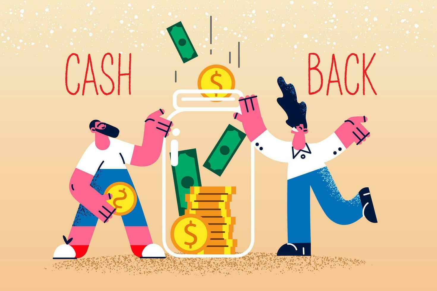 glimlachen mensen zetten geld in glas pot krijgen passief inkomen of verdienen. gelukkig mannen en Dames te ontvangen cashback van buying of aankoop. financieel succes en winst. vlak vector illustratie.