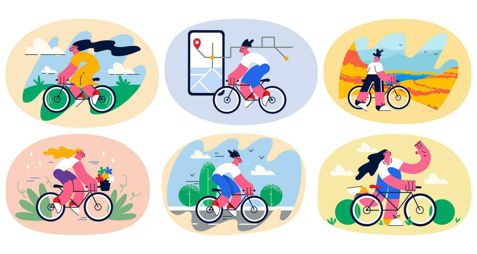 reeks van mensen rijden fiets genieten actief hobby kom tot rust Aan zomer weekend buitenshuis. verzameling van mannen en Dames fietser Aan Fietsen genieten vrije tijd tijd. fysiek werkzaamheid concept. vector illustratie.