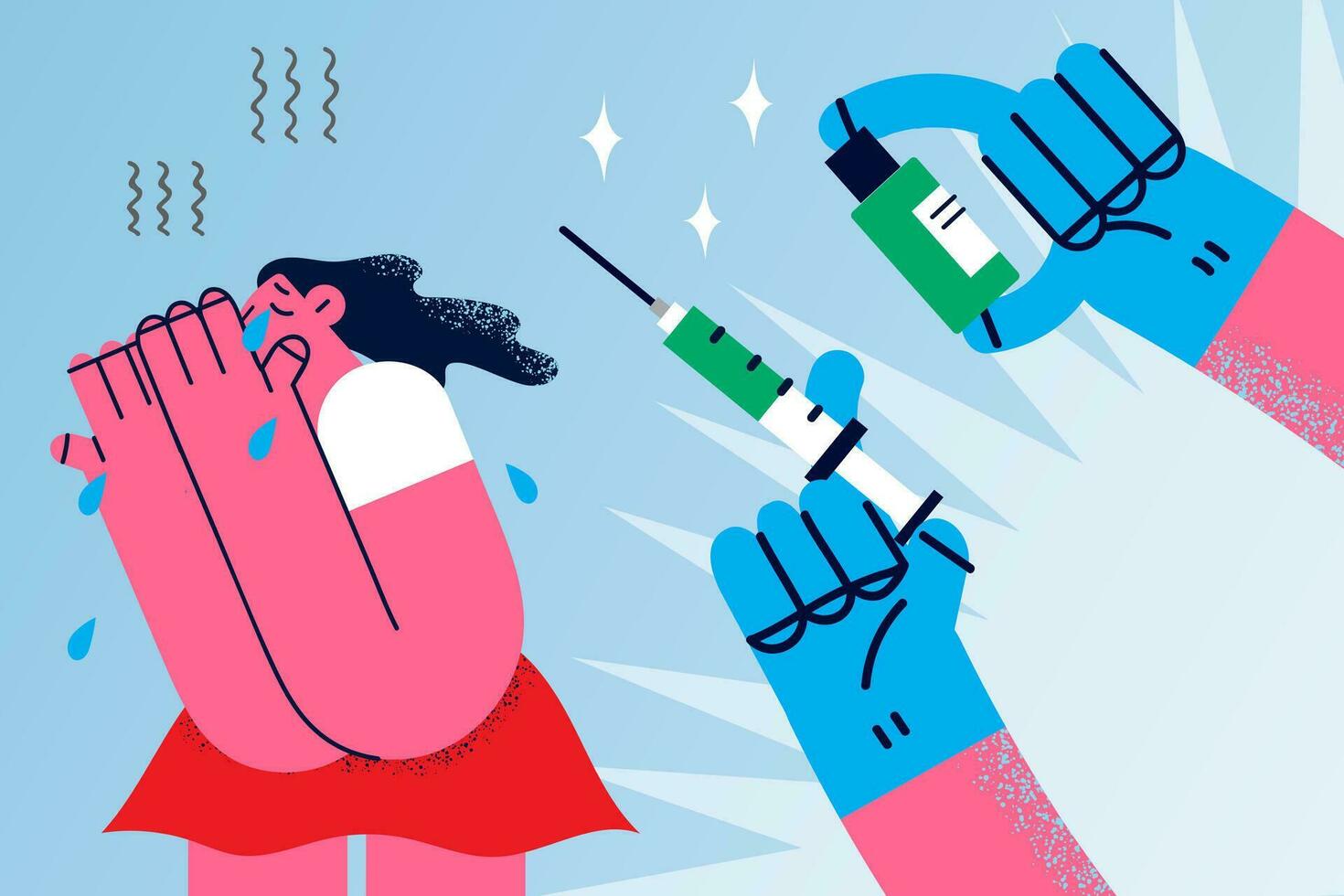 klein huilen meisje kind voelen bang van injectie in ziekenhuis. verpleegster of dokter handen met spuit, weinig kind bang van vaccinatie. gezondheidszorg en geneeskunde concept. vlak vector illustratie.