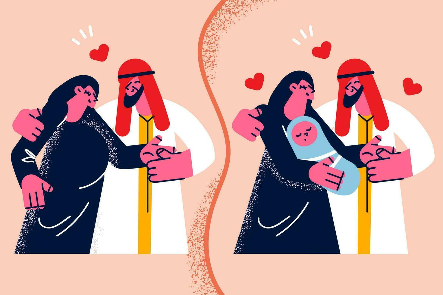 gelukkig moslim paar zwanger en hebben baby zuigeling. glimlachen Arabisch jong familie groeien. dolblij Arabisch Mens en vrouw zwangerschap en ouderschap tijd. diversiteit. vector illustratie.