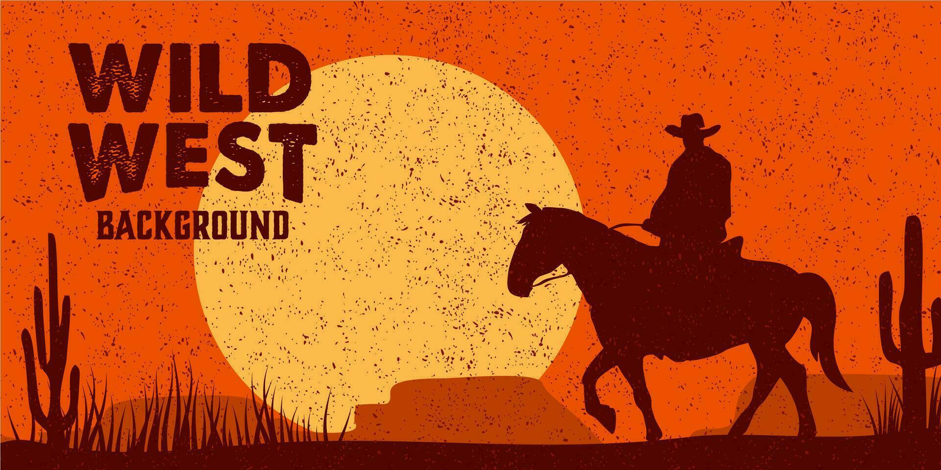 silhouet van cowboy rijden paarden Bij zonsondergang vector. wild west landschap achtergrond. vector