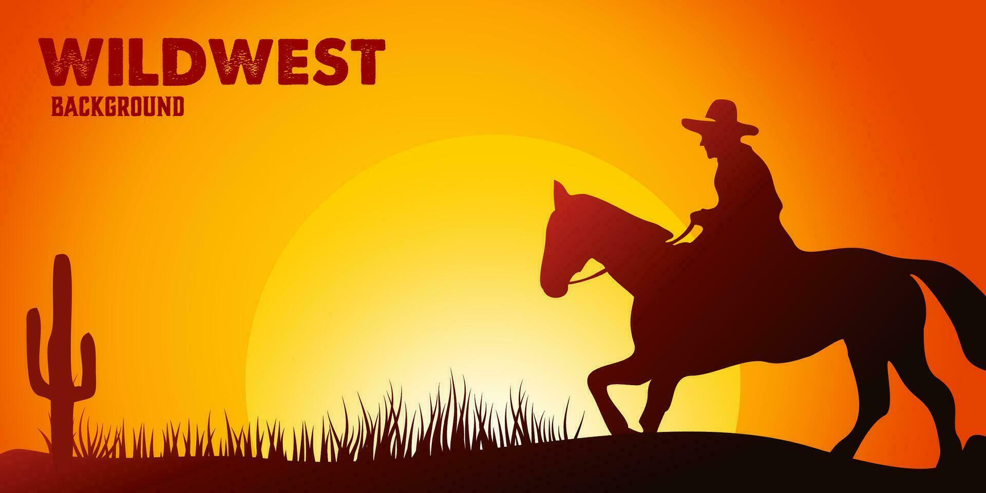 silhouet van cowboy rijden paarden Bij zonsondergang vector. wild west landschap achtergrond. vector