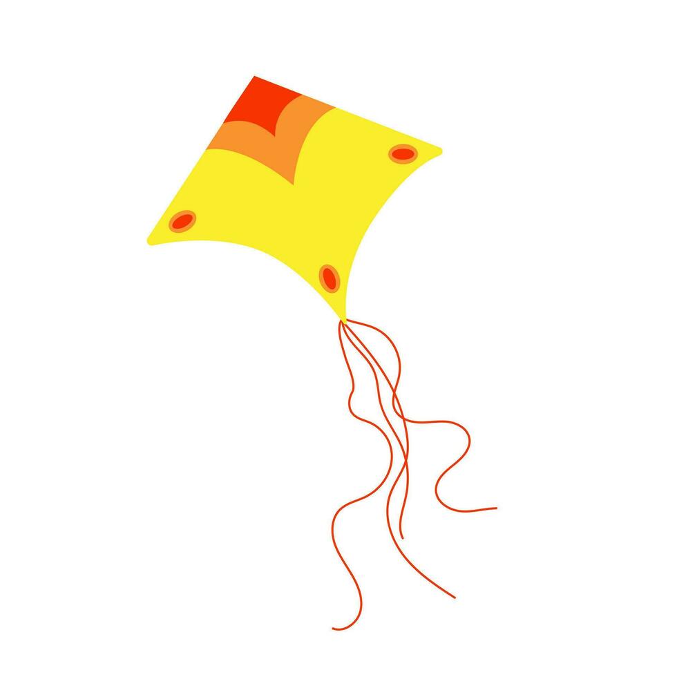 geel, oranje en rood vlieger met lang touwen en abstract patroon, kind speelgoed, gemakkelijk tekenfilm stijl vector illustratie, beeld voor kaarten, uitnodigingen, kom tot rust en vakantie concept, vakantie viering des
