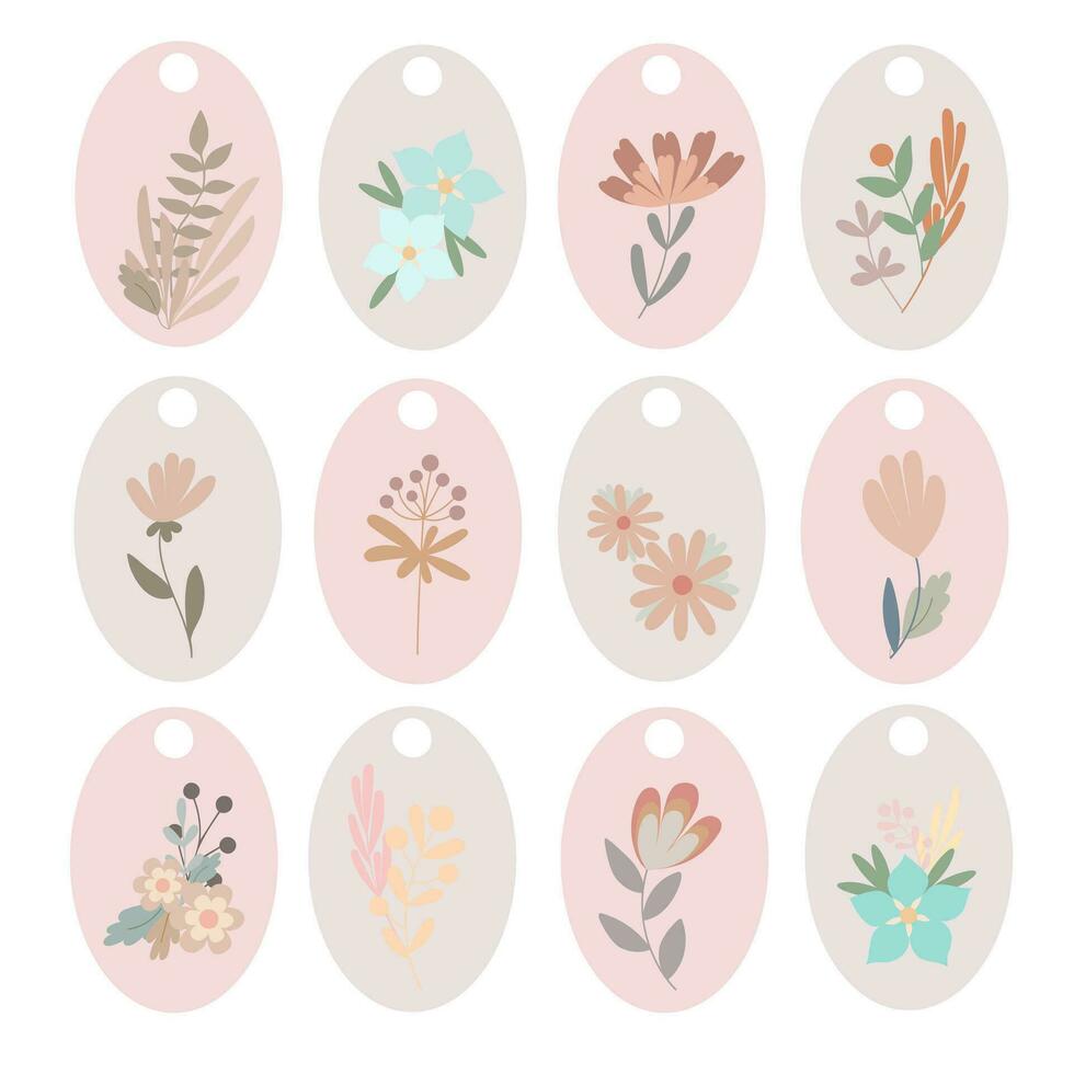 pasta-gekleurd boho gemakkelijk bloemen geschenk tags etiketten set, vlak stijl bloemen vector illustratie voor ambacht, handgemaakt geschenken, Boheems lente decoratie