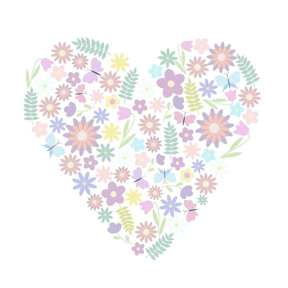 Pasen bloemen hart samenstelling pastel gekleurde vlinders, schattig bloemen regeling, vlak stijl vector illustratie voorjaar feestelijk decor voor groet kaart, poster, spandoeken, web ontwerp