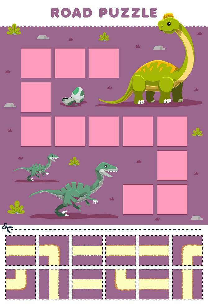 onderwijs spel voor kinderen weg puzzel helpen velociraptor Actie naar ultrasaurus afdrukbare dinosaurus werkblad vector