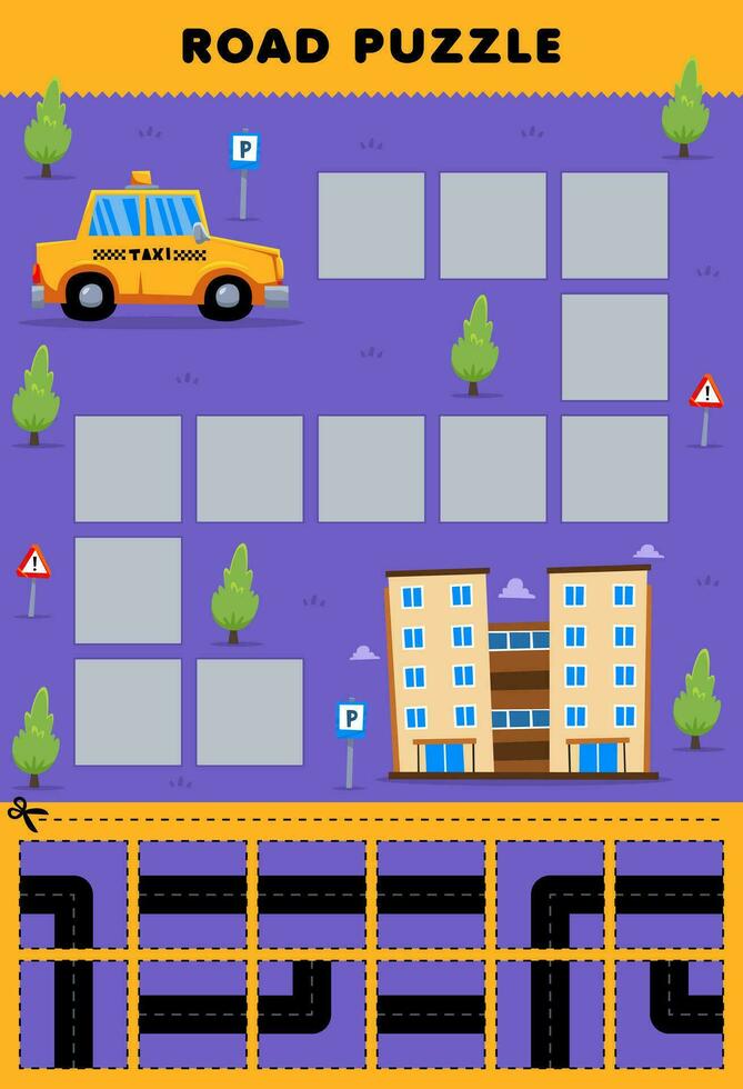 onderwijs spel voor kinderen weg puzzel helpen taxi Actie naar hotel gebouw afdrukbare vervoer werkblad vector