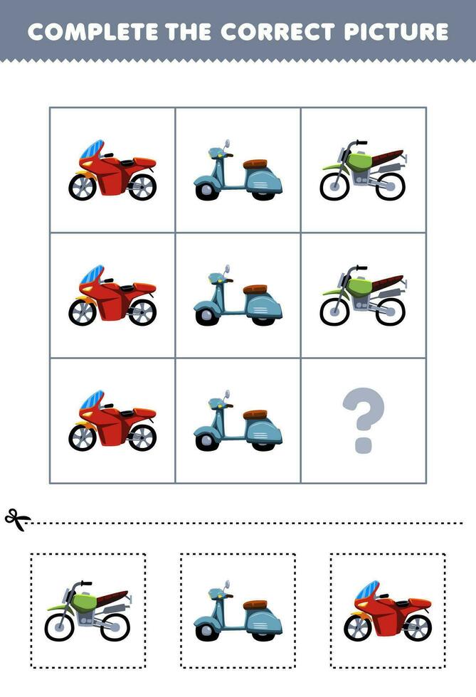 onderwijs spel voor kinderen naar Kiezen en compleet de correct afbeelding van een schattig tekenfilm motor spoor scooter of motor afdrukbare vervoer werkblad vector