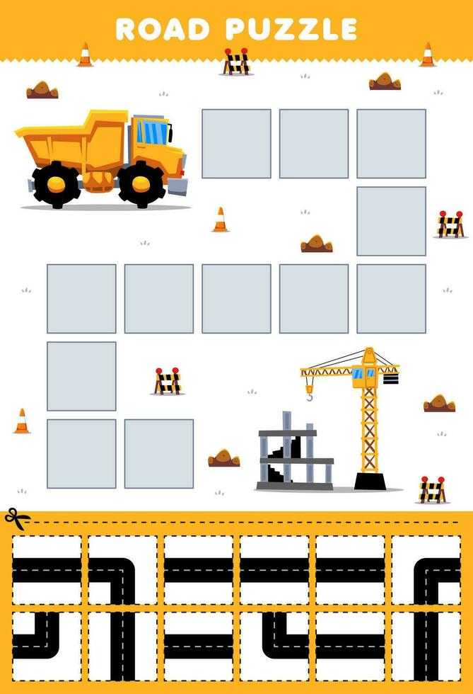 onderwijs spel voor kinderen weg puzzel helpen dump vrachtauto Actie naar bouw plaats afdrukbare vervoer werkblad vector