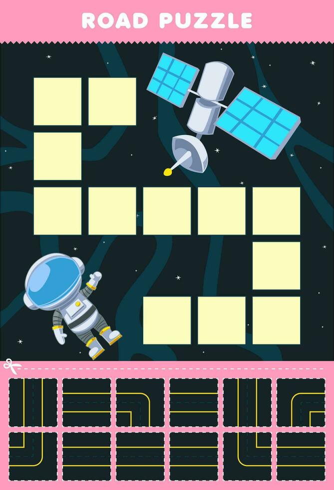 onderwijs spel voor kinderen weg puzzel helpen astronaut Actie naar de satelliet afdrukbare zonne- systeem werkblad vector