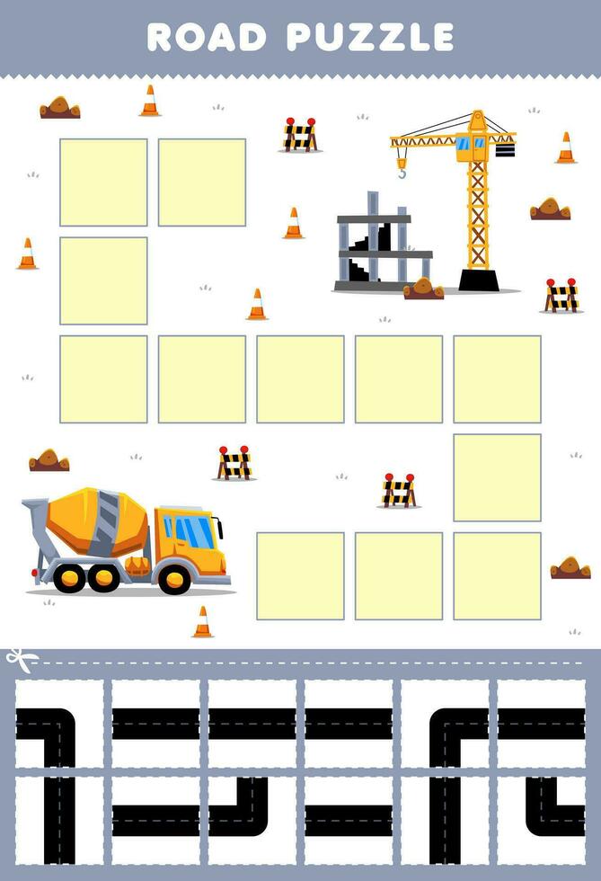 onderwijs spel voor kinderen weg puzzel helpen beton menger vrachtauto Actie naar bouw plaats afdrukbare vervoer werkblad vector