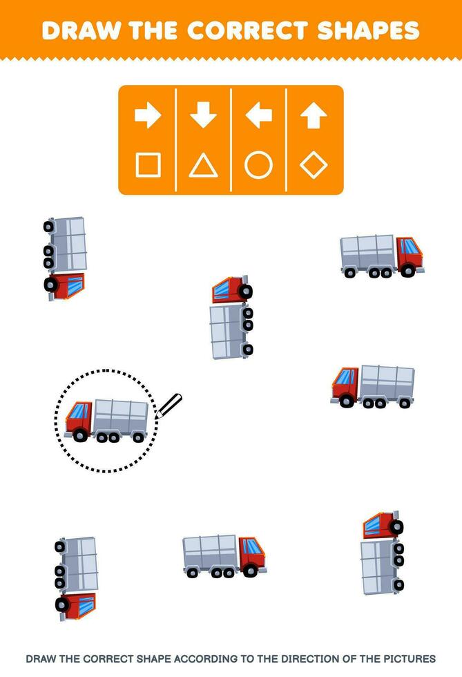 onderwijs spel voor kinderen trek de correct vorm volgens naar de richting van schattig tekenfilm trein afbeeldingen afdrukbare vervoer werkblad vector