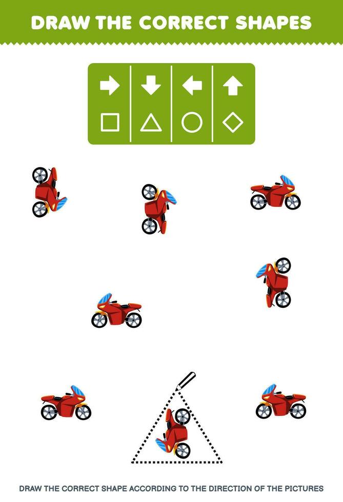 onderwijs spel voor kinderen trek de correct vorm volgens naar de richting van schattig tekenfilm motor afbeeldingen afdrukbare vervoer werkblad vector