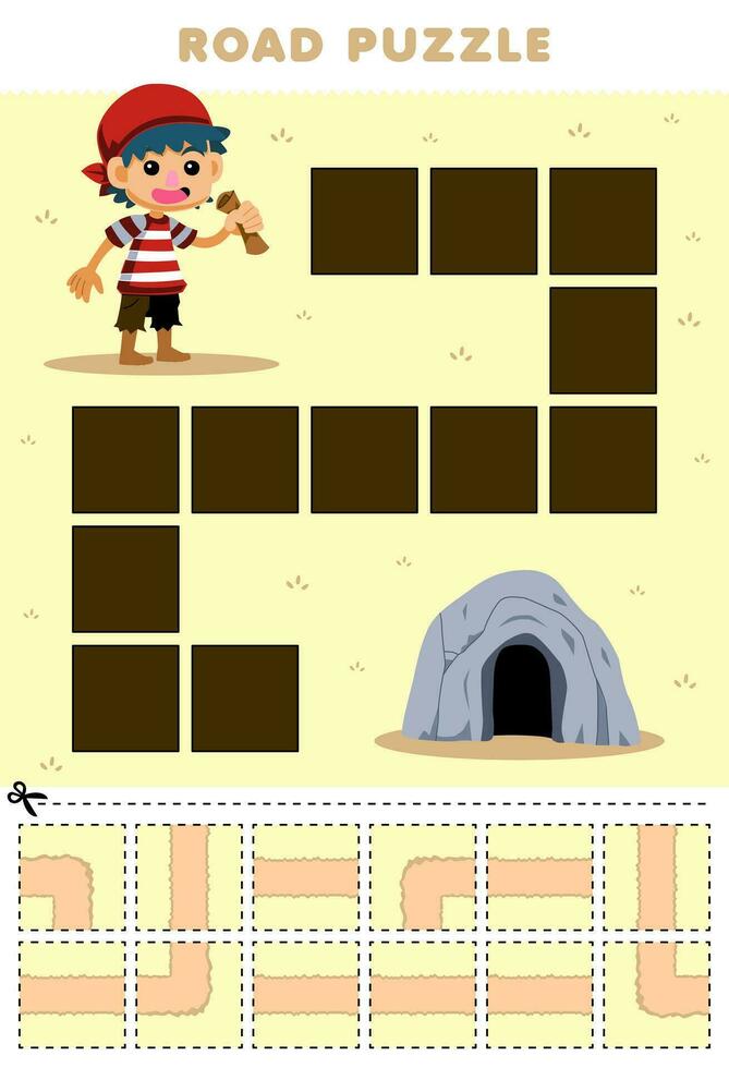 onderwijs spel voor kinderen weg puzzel helpen jongen Actie naar de grot afdrukbare piraat werkblad vector