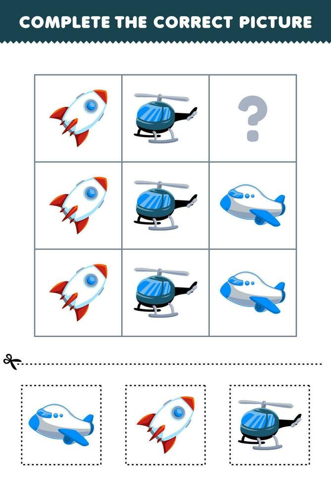 onderwijs spel voor kinderen naar Kiezen en compleet de correct afbeelding van een schattig tekenfilm vlak raket of helikopter afdrukbare vervoer werkblad vector