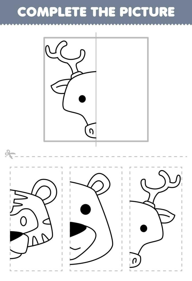 onderwijs spel voor kinderen besnoeiing en compleet de afbeelding van schattig tekenfilm hert hoofd voor de helft schets voor kleur afdrukbare dier werkblad vector