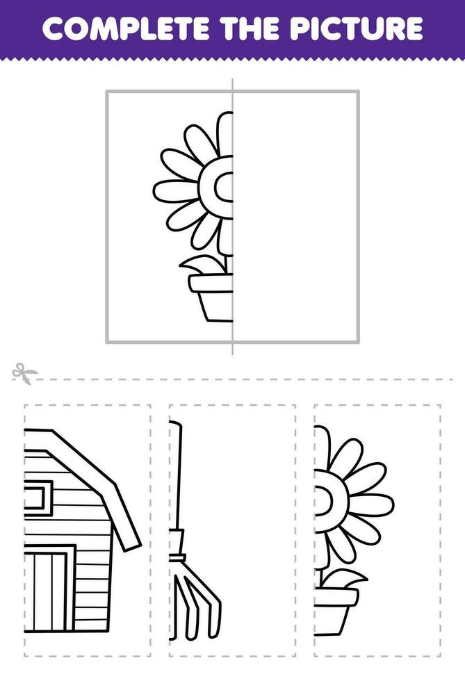 onderwijs spel voor kinderen besnoeiing en compleet de afbeelding van schattig tekenfilm zonnebloem voor de helft schets voor kleur afdrukbare boerderij werkblad vector