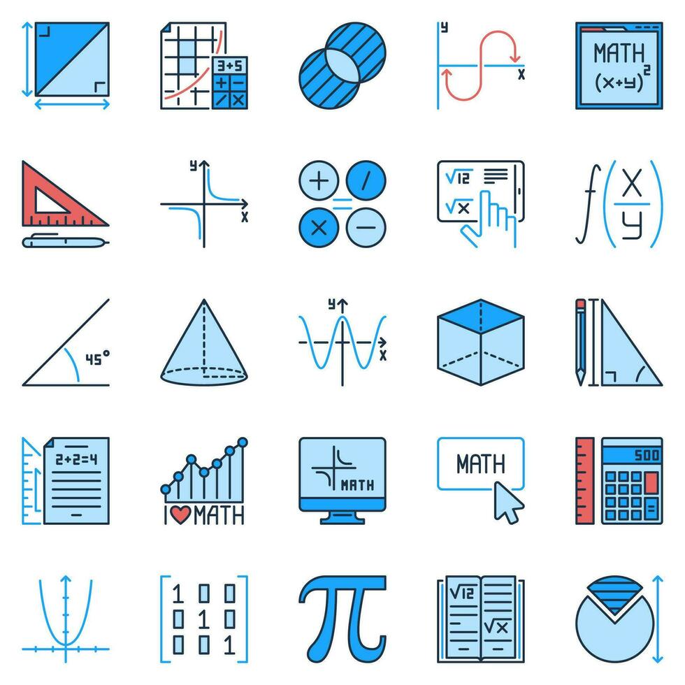 wiskunde gekleurde pictogrammen set. wiskunde onderwijs en wetenschap vector tekens