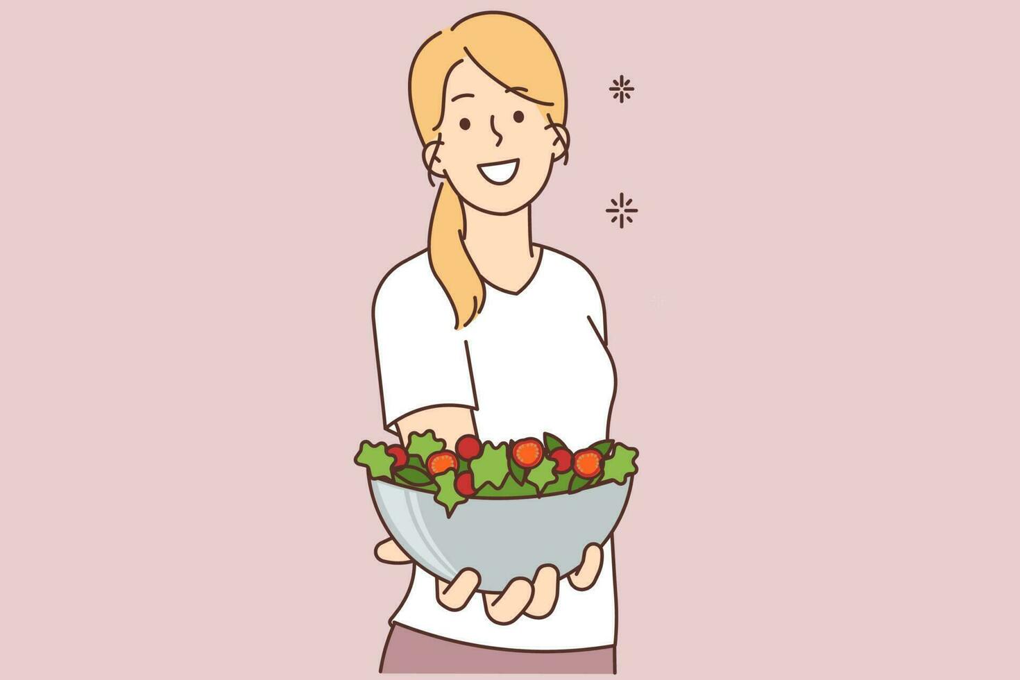glimlachen jong vrouw Holding kom van gezond salade volgen vegetarisch eetpatroon. gelukkig vrouw aanbod bord met groente gerecht. voeding en Gezondheid. vector illustratie.