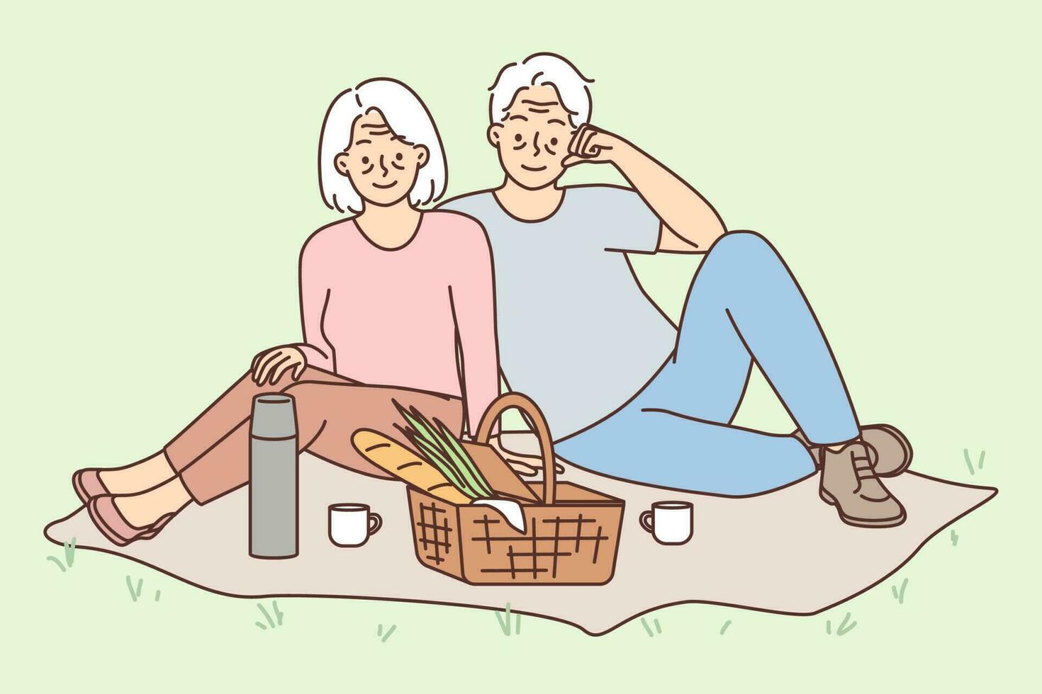 gelukkig ouderen paar zitten Aan picknick buitenshuis genieten volwassenheid. glimlachen senior Mens en vrouw zittend Aan gras in park hebben lunch samen. vector illustratie.