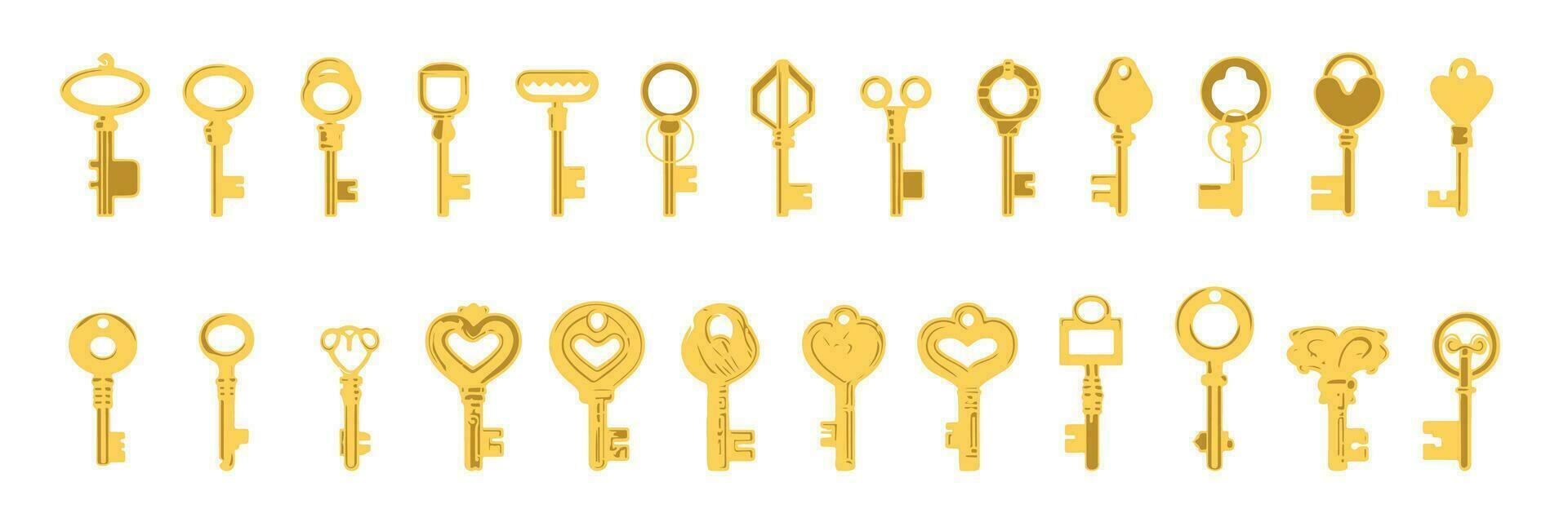sleutels pictogrammen set, geïsoleerd. sluitend en opening deuren. goud sleutels tekens en symbolen verzameling. vergrendeling en ontgrendelen deuren wijnoogst sleutels pictogram, vector illustratie.