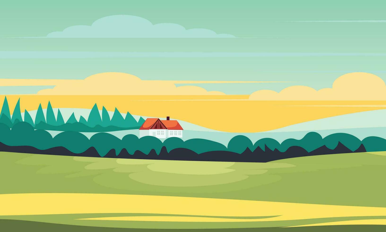 zomer landschap voorraad illustratie. een zomer landschap met groen weiden, heuvelachtig velden en een zonsondergang lucht met wolken in de achtergrond. vector