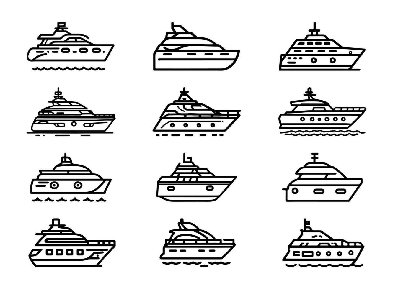 jacht, icoon set. jachten motor boten, lineair pictogrammen. boot icoon vector illustratie.