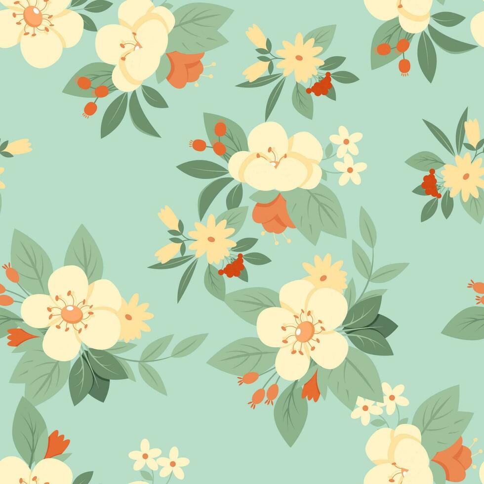 wijnoogst patroon van retro bloemen en bladeren Aan een groen achtergrond vector