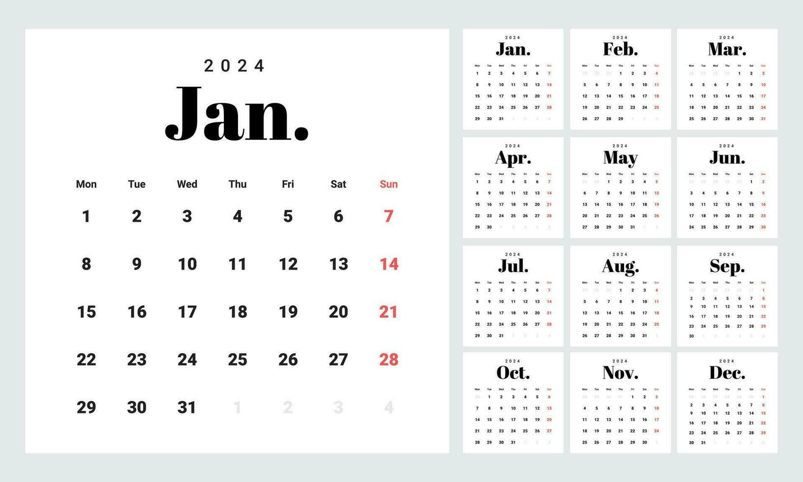 minimalistische stijl maandelijks kalender sjabloon voor 2024 jaar. Engels kalender. week begint Aan maandag. reeks van 12 maanden. elegant ontwerp met groot brieven, typografisch elementen Aan wit achtergrond vector