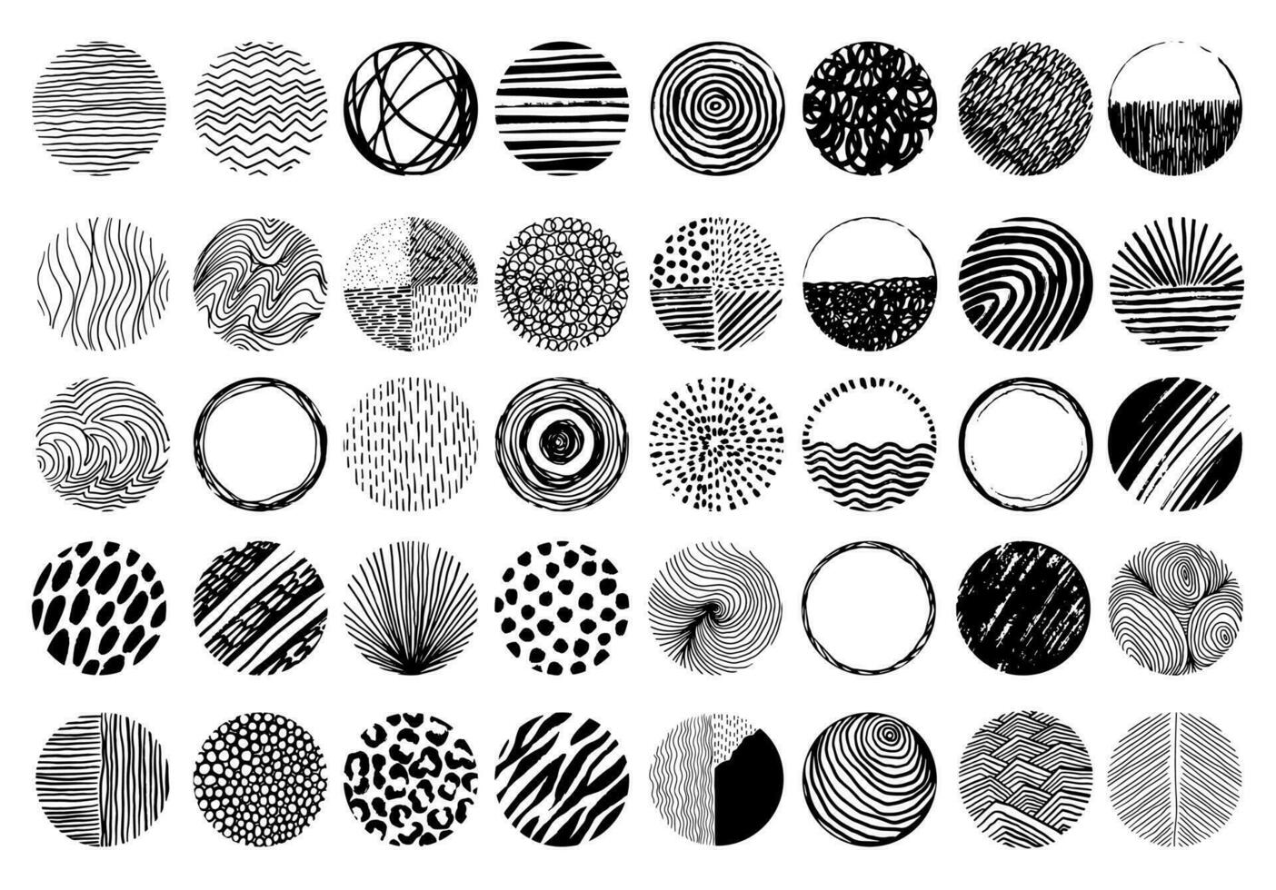reeks van zwart en wit grunge cirkels, postzegels, stickers, kozijnen. hand- getrokken cirkel vorm met lijnen, vlekken, vlekken, stippen, golven, krabbels, borstel hartinfarct. artistiek ontwerp elementen. gevormde cirkel vector