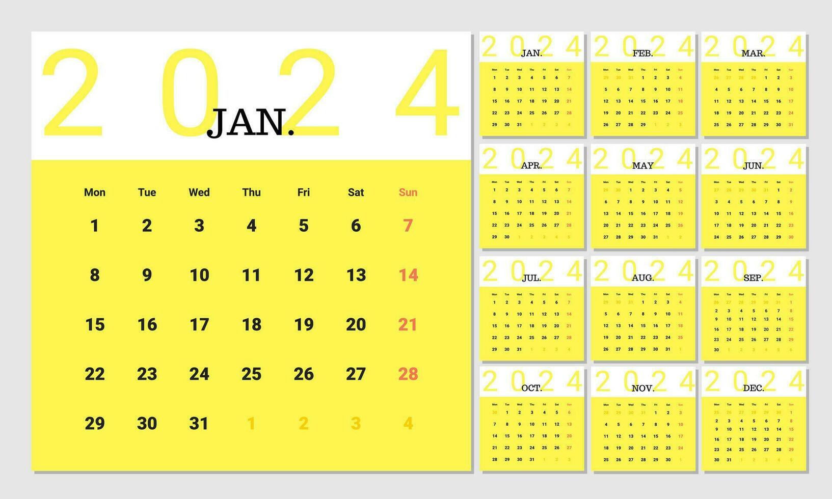 minimalistische stijl maandelijks kalender sjabloon voor 2024 jaar. Engels jaar- kalender. week begint Aan maandag. reeks van 12 maanden. elegant ontwerp met groot brieven, typografisch elementen Aan geel achtergrond vector