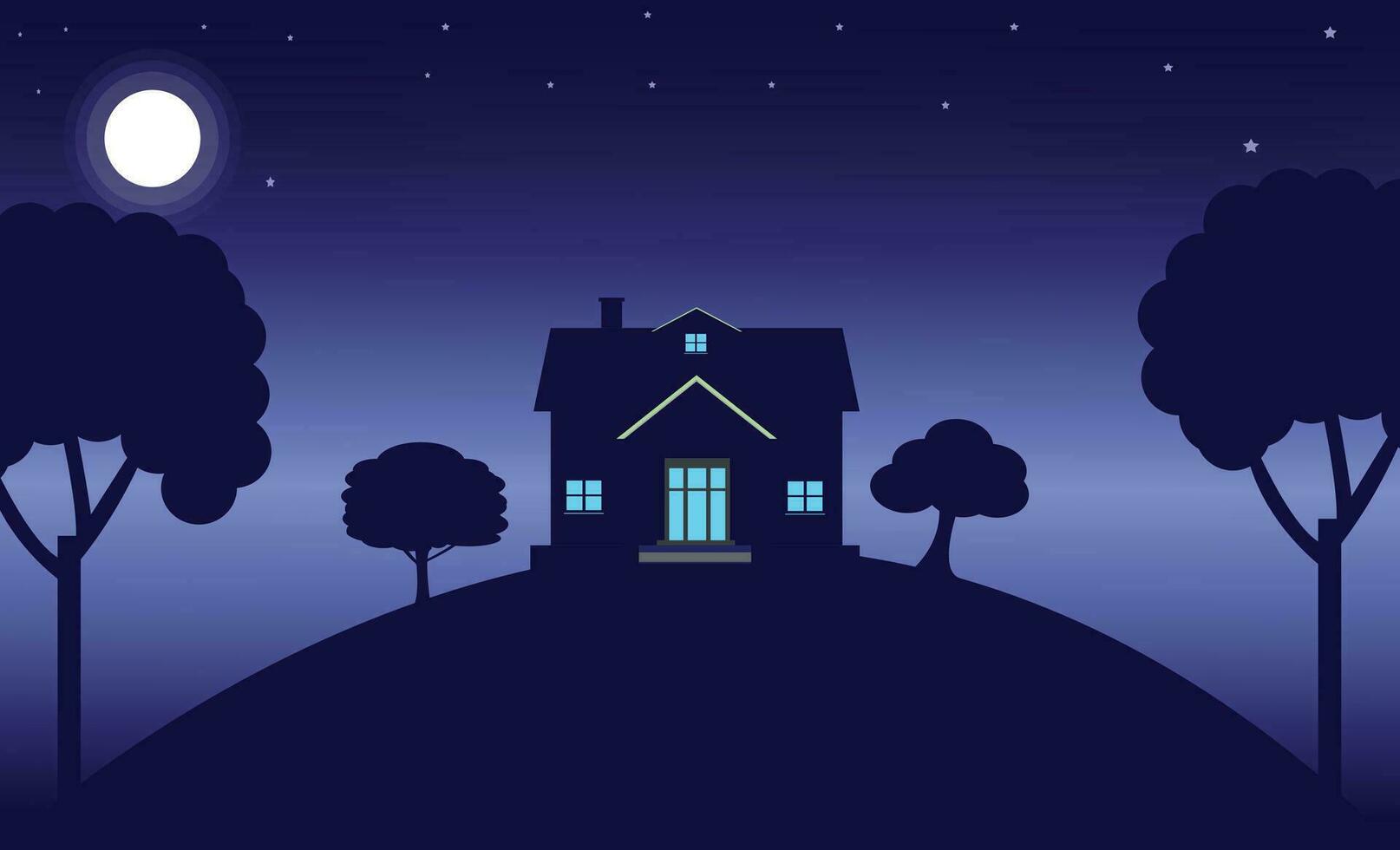 vector illustratie huis in de nacht dorp. avond landschap - maan, donker blauw lucht, sterren, huizen en Woud.