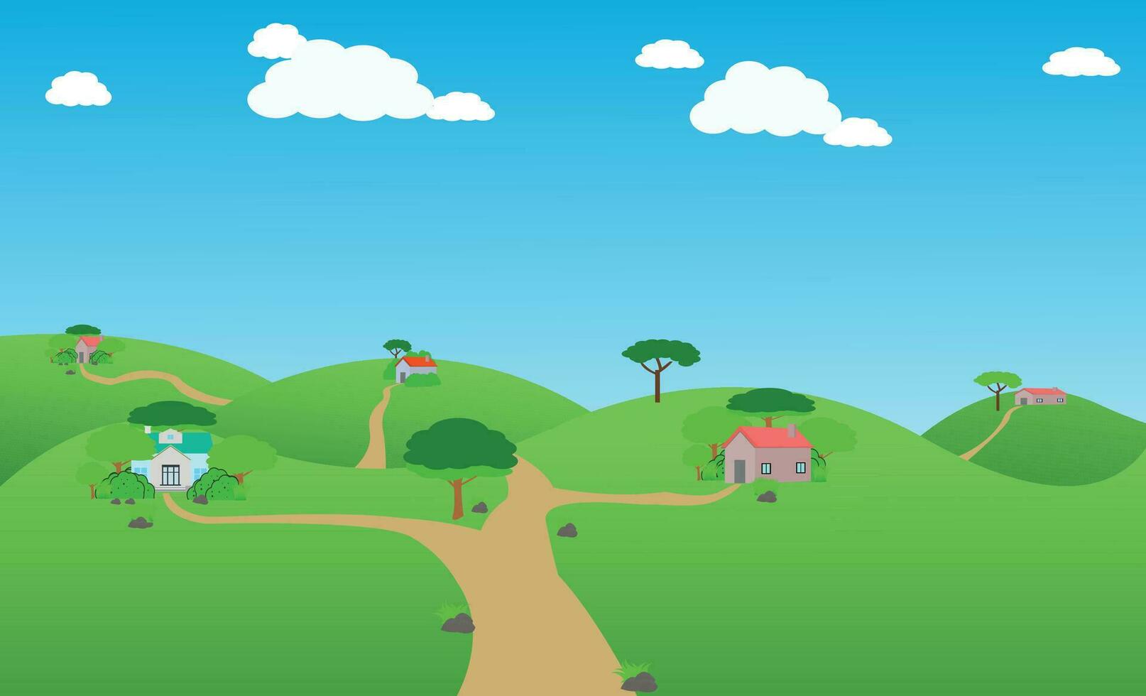 vector dorp achtergrond illustratie. landelijk berg landschap en dorp vector illustratie. een mooi dorp met landerijen, bomen, weiden en met bergen in de