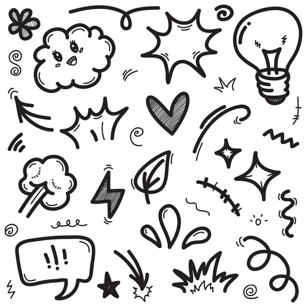 vector set handgetekende cartoony expressie teken doodle, kromme richtingspijlen, emoticon effecten ontwerpelementen, cartoon karakter emotie symbolen, schattige decoratieve penseelstreek lijnen.