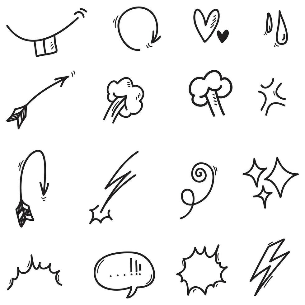 vector set handgetekende cartoony expressie teken doodle, kromme richtingspijlen, emoticon effecten ontwerpelementen, cartoon karakter emotie symbolen, schattige decoratieve penseelstreek lijnen.