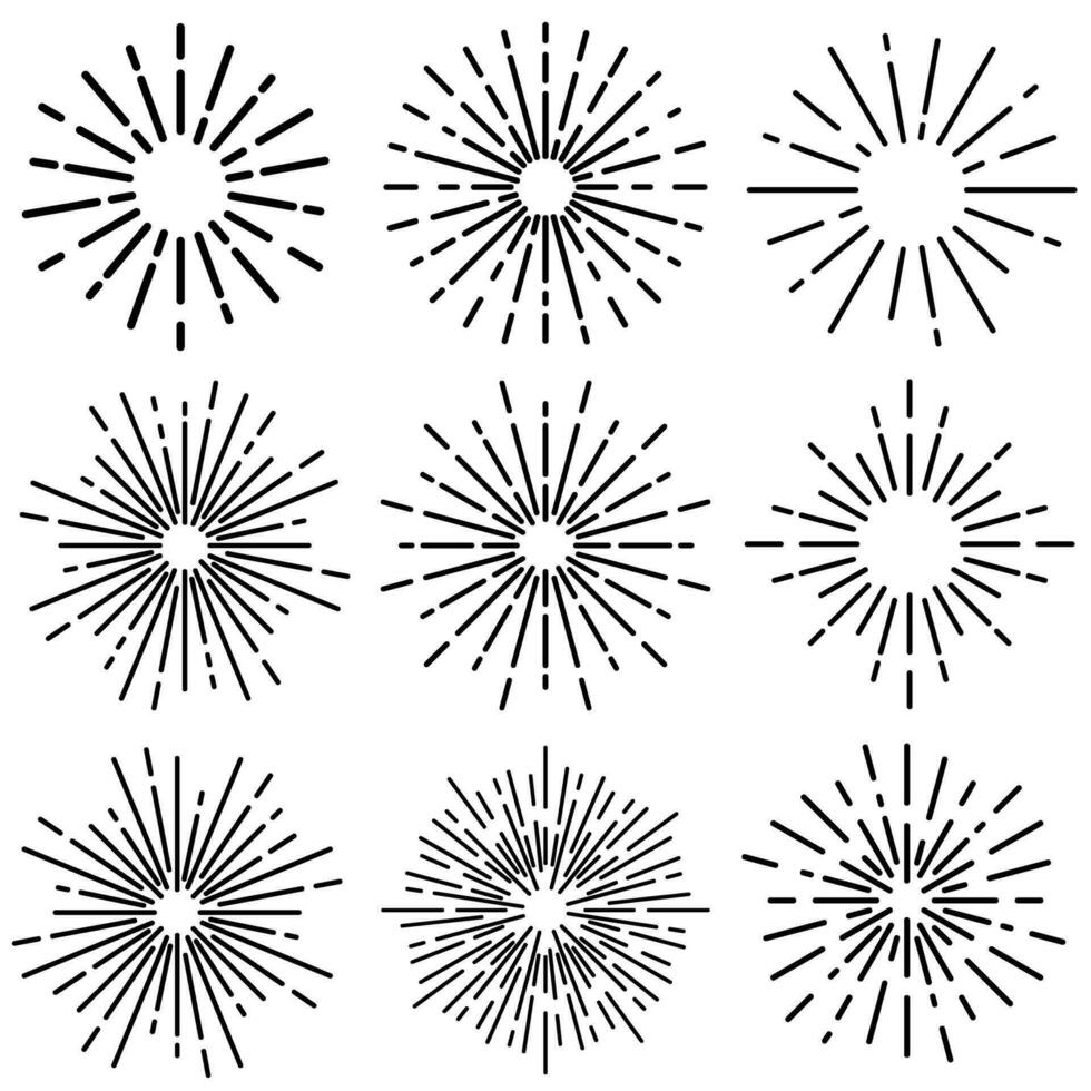 wijnoogst zonnestraal icoon vector set. explosie hand- getrokken illustratie teken verzameling. elementen vuurwerk, zwart stralen.