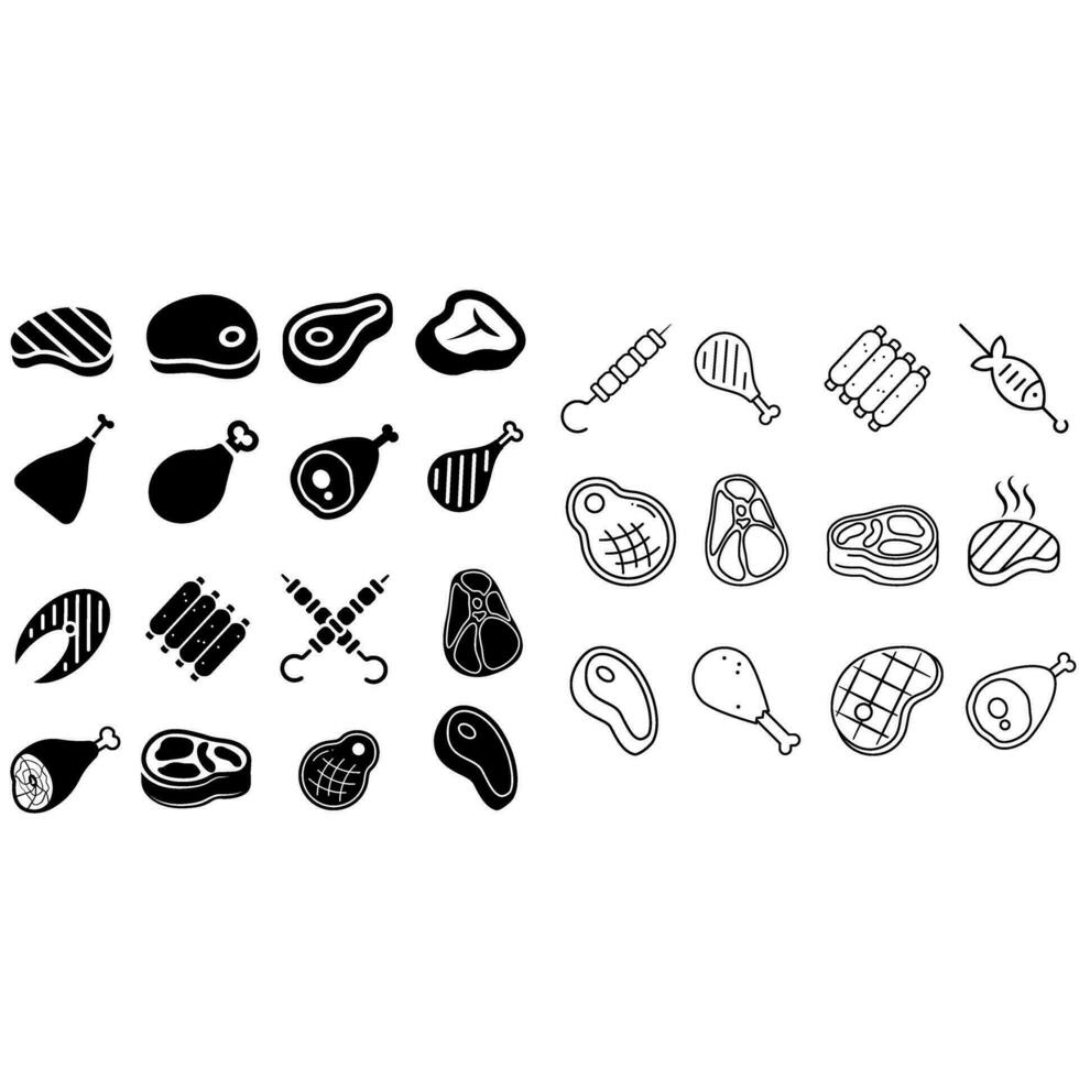 vlees icoon vector set. steak illustratie teken verzameling. bbq symbool. voedsel logo. koperslager markering.